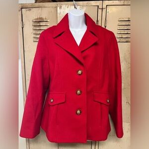 MICHAEL KORS Women's Size12 Single Breasted 100% Wool Pea Coat Red Notch Collar